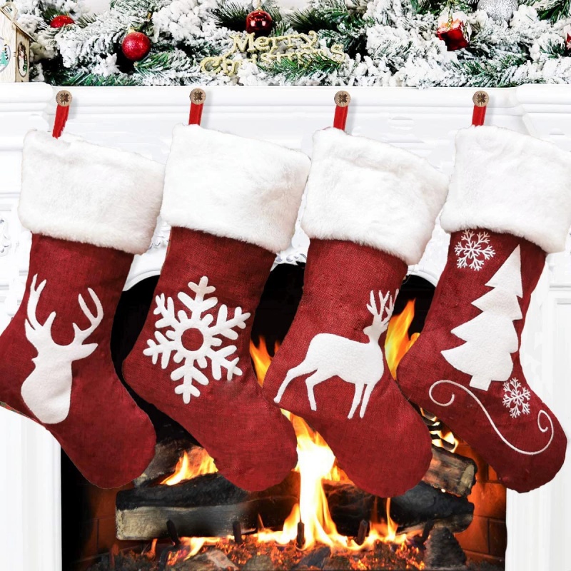 Embroidery Xmas Stocking - Vermelho santa meia elk floco de