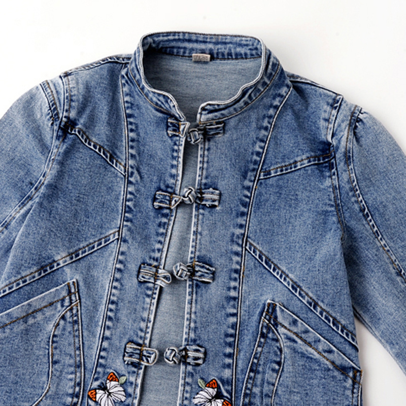 Embroidery Cardigan - Jaqueta Jeans Feminina Curta Bordada Elástica