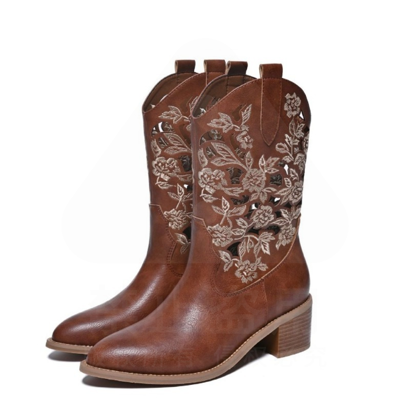 Embroidery Designer - Botas Femininas Retrô de Couro Genuíno