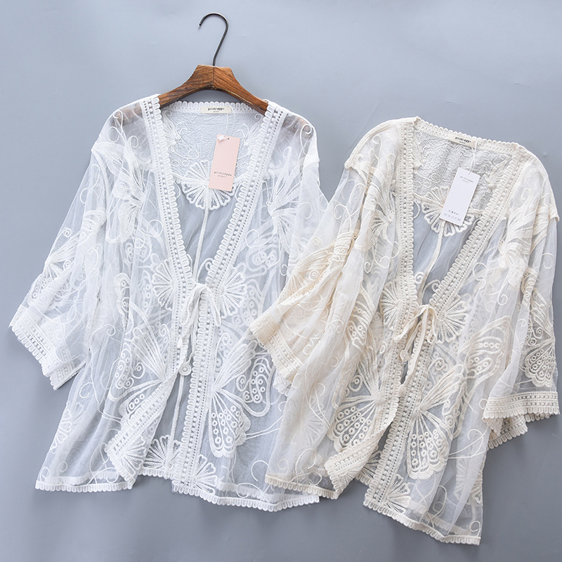 Embroidery Cardigan - Verão casual doce seaside férias cardigan