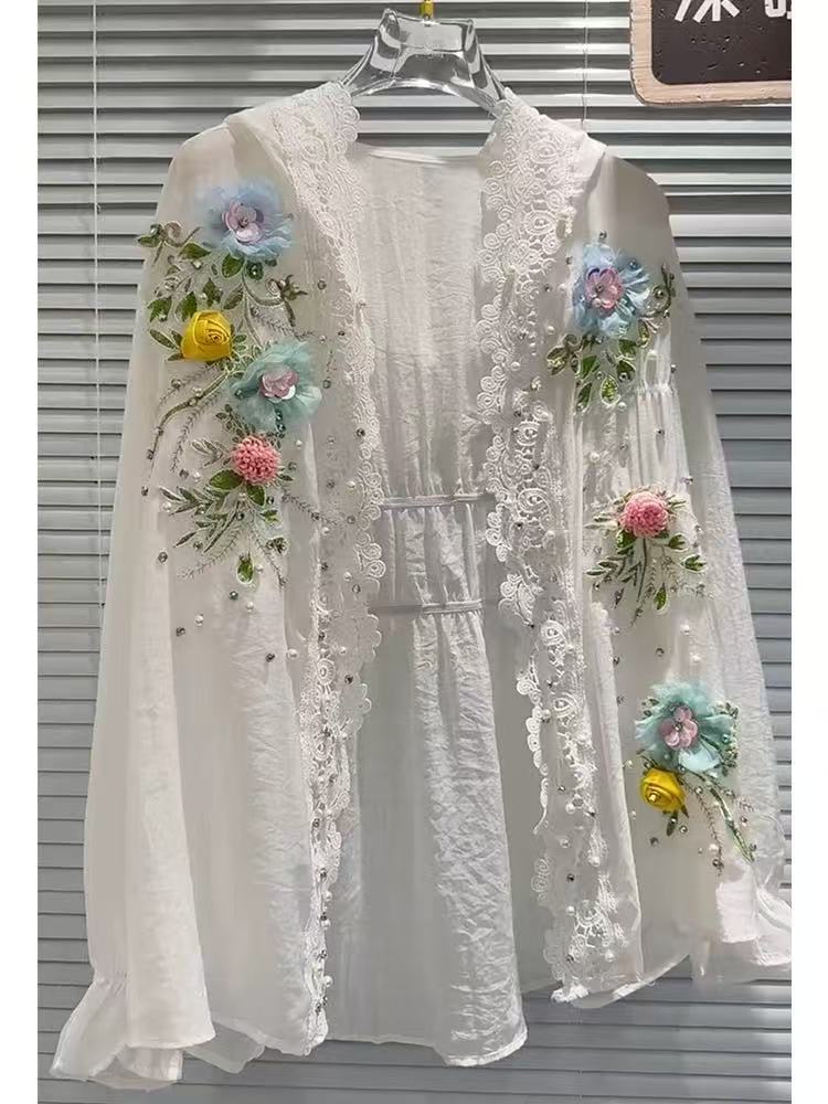 Embroidery Cardigan - Camisas protetoras com capuz branco misturado