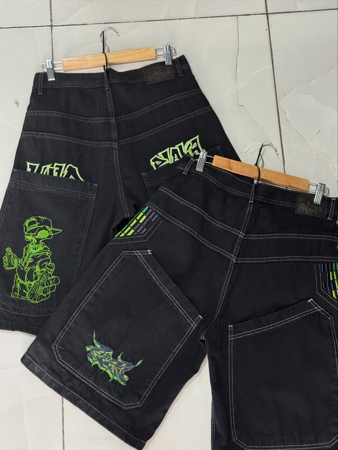 Y2k verde crânio denim calças  - Embroidery On Jeans avaliação e preço