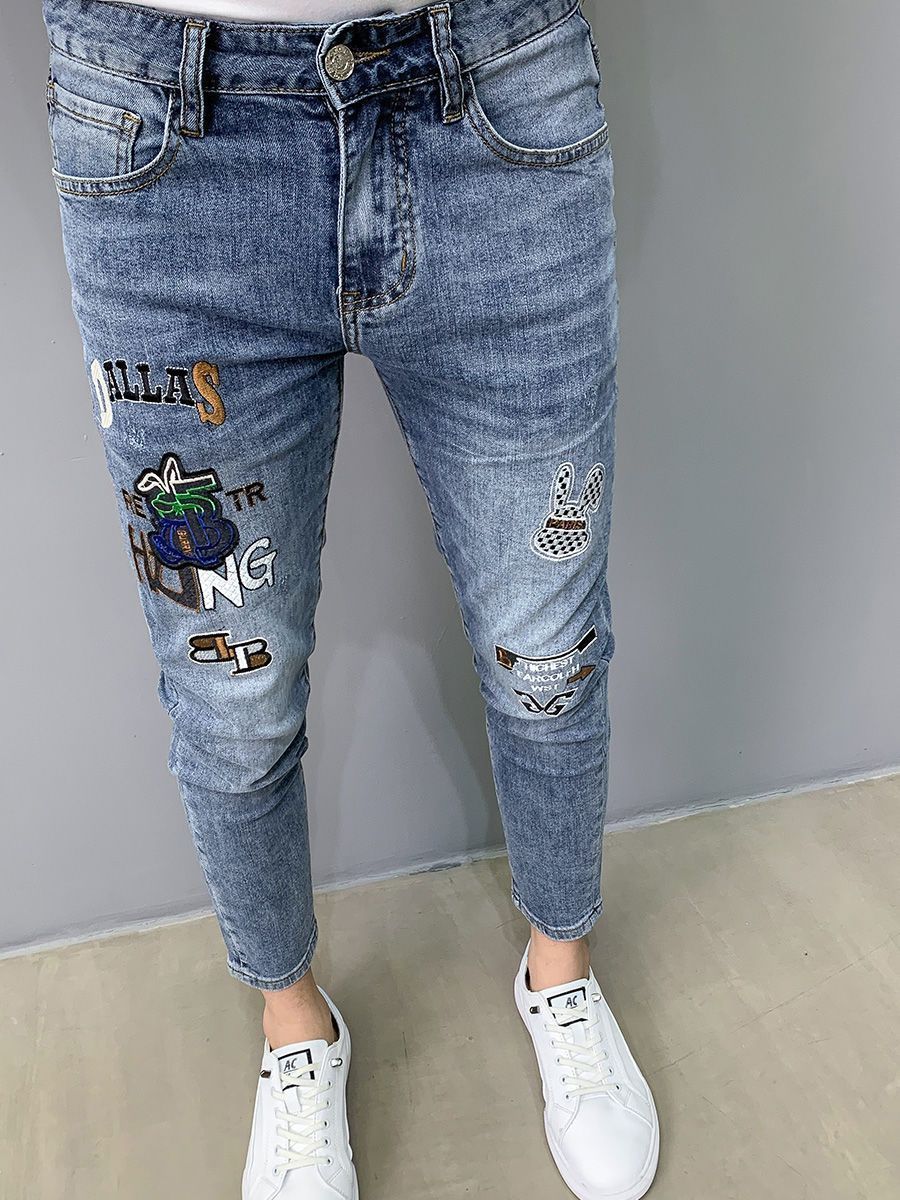 Marca de luxo dos homens magro - Embroidery On Jeans avaliação e preço